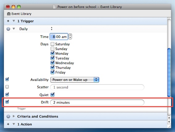 Power Manager Professional&rsquo;s event editor showing the optional drift field