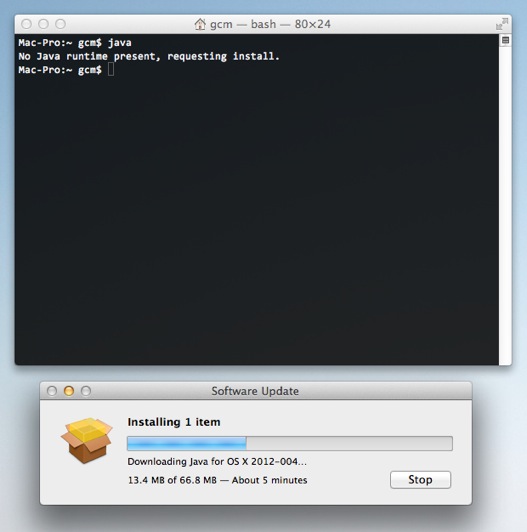 The first use of the java command on Mac OS X 10.8 starts the install.
