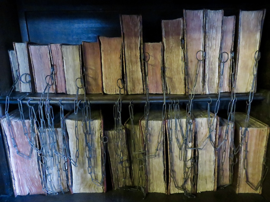 Photograph of chained books in Chetham Library, UK