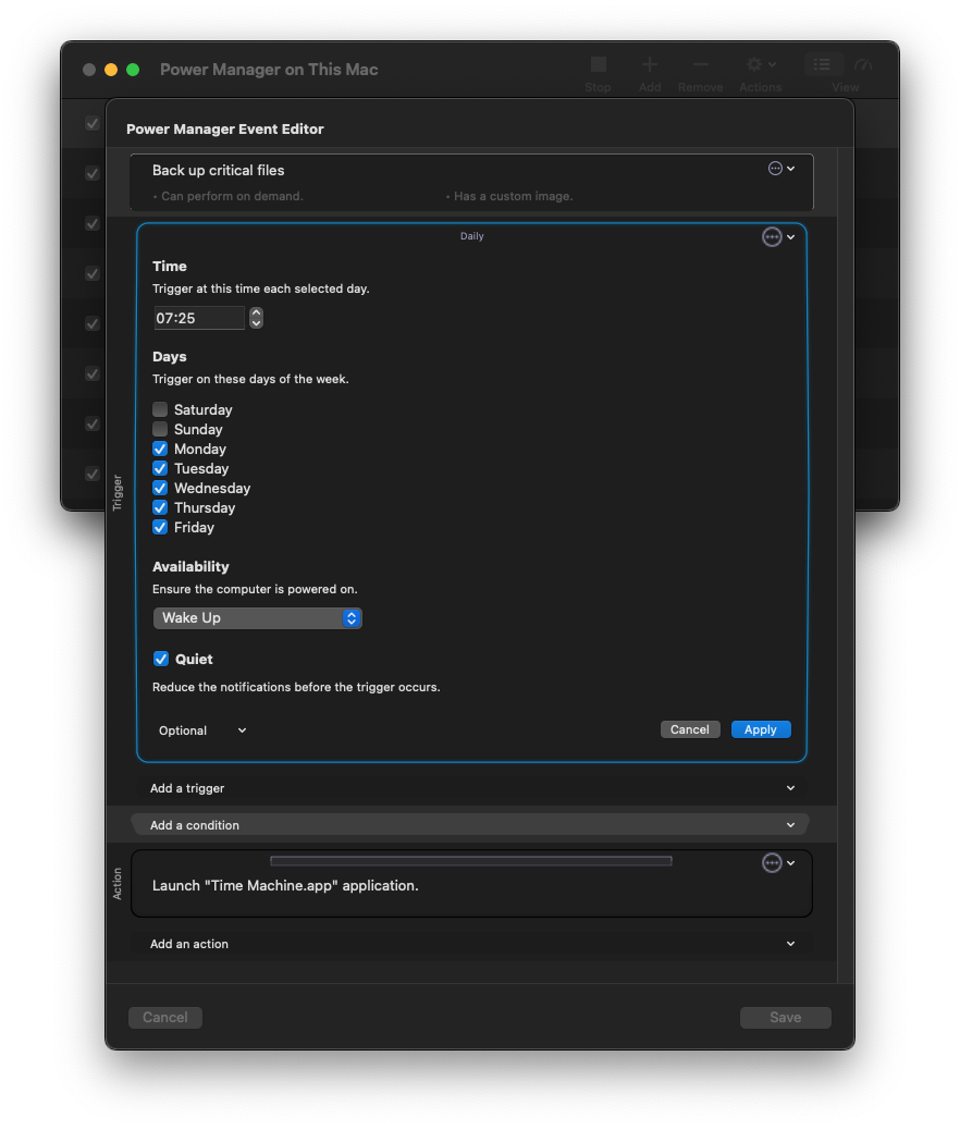Power Manager Event Editor in macOS Dark Mode